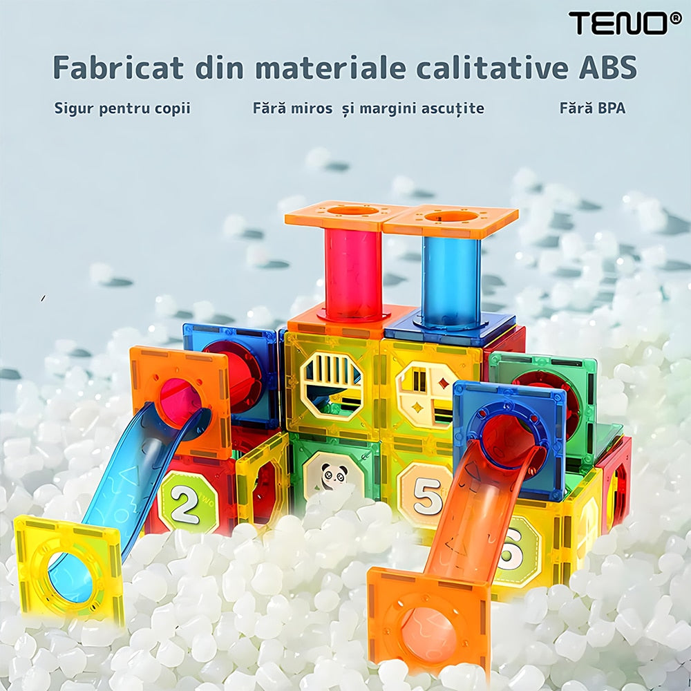 Set Inteligent si Creativ Magnetic 3D Teno®, 125 Piese, traseu cu bile, creativ, numeroase posibilitati de construit, dezvoltarea abilitatilor motrice si a imaginatiei, multicolor