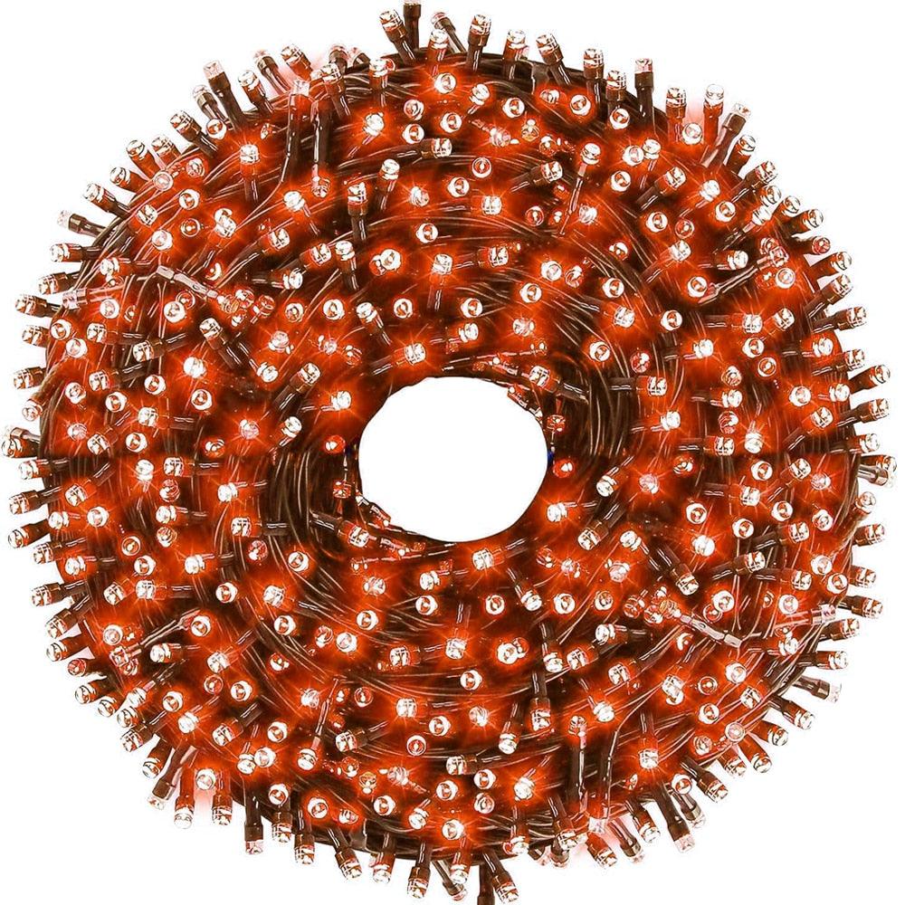 Instalatie de Craciun Liniara Teno®, 100 m, 8 jocuri de lumini, alimentare la priza, interior/exterior, rezistenta la apa, 480 LED-uri, rosu