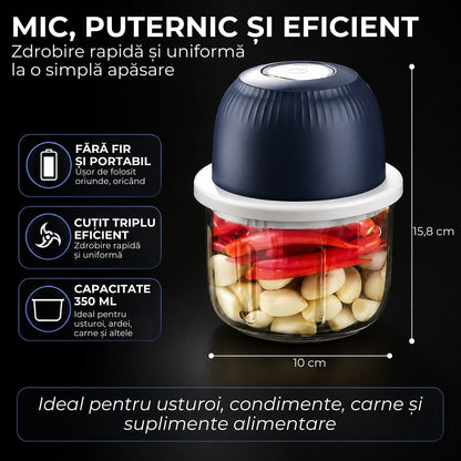 Mini Tocator Electric Macvi® 300 ml Multifunctional Reincarcabil USB pentru Carne Legume Usturoi Ceapa Albastru