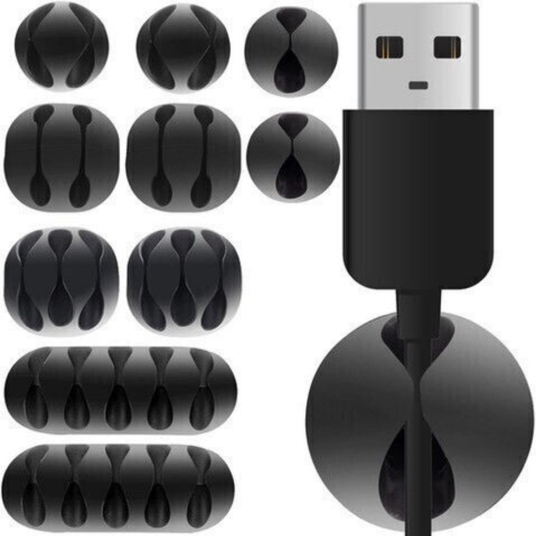 Set Macvi® suport organizare cabluri, 10 bucati, 5 dimensiuni diferite, autoadeziv, negru