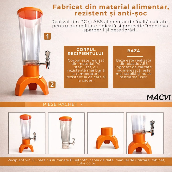 Decantor Macvi® sticla 3 litri cu LED decorativ si boxa Bluetooth integrata decantor modern pentru petreceri seri relaxante si cadou