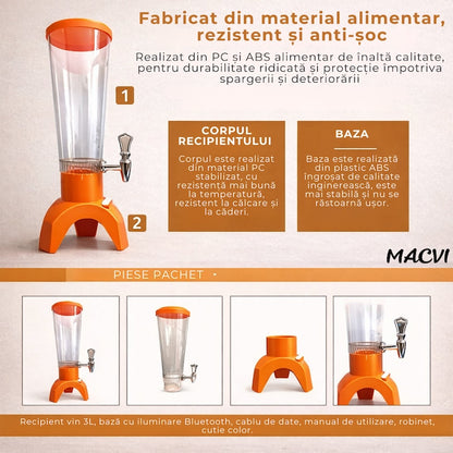 Decantor Macvi® sticla 3 litri cu LED decorativ si boxa Bluetooth integrata decantor modern pentru petreceri seri relaxante si cadou