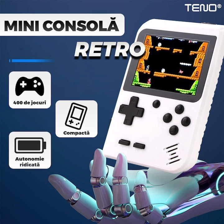 Mini Consola Jocuri Retro Game Box Teno®, SR-90, 400 in 1, rotita volum, portabila, cablu AV, incarcare USB-MINI, autonomie ridicata, 11x8 cm, alb