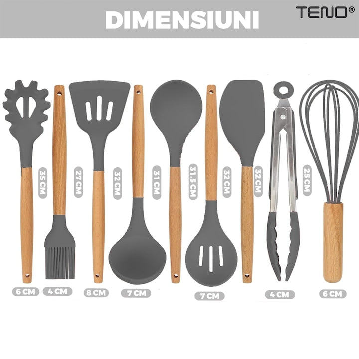 Set Ustensile Bucatarie 12 Piese Silicon Alimentar Teno®, termorezistente, antiaderente, sigure, suport inclus, gri