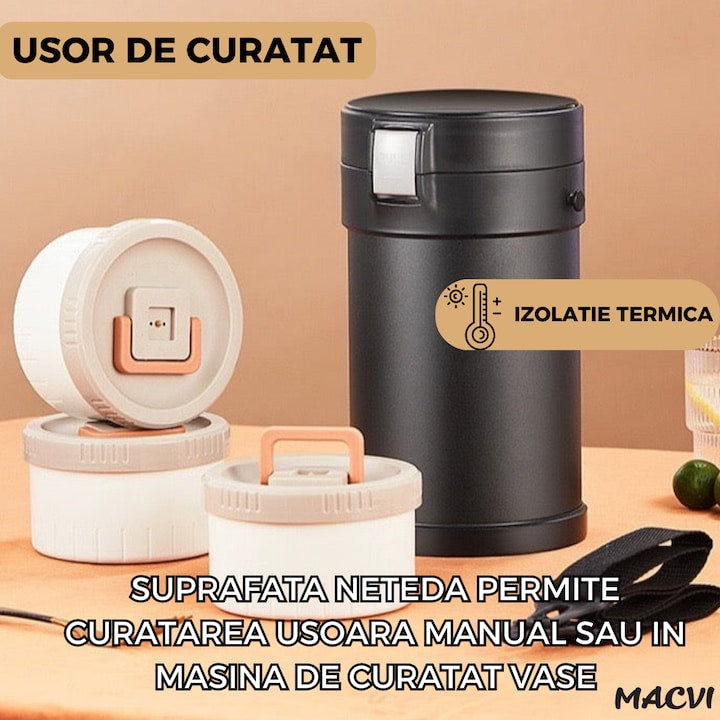 Caserola termica Macvi® din inox 304, 2.3L, 3 compartimente, etansa, cu tacamuri incluse, Negru
