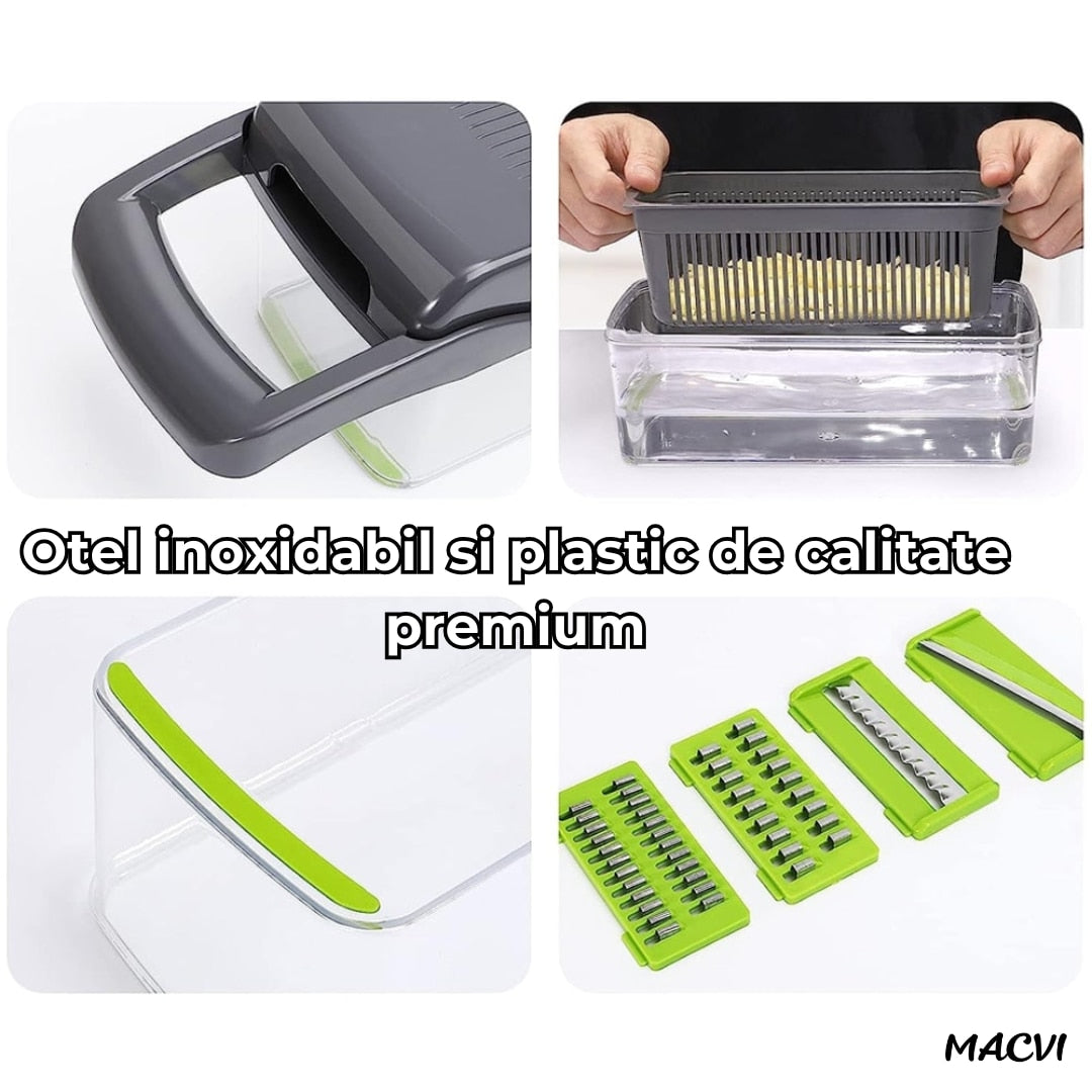 Razatoare Multifunctionala 15 in 1 Macvi®, 20 Piese, 13 Tipuri de Feliere, Ideala pentru Fructe, Legume si Branzeturi, Otel Inoxidabil, Verde/Gri