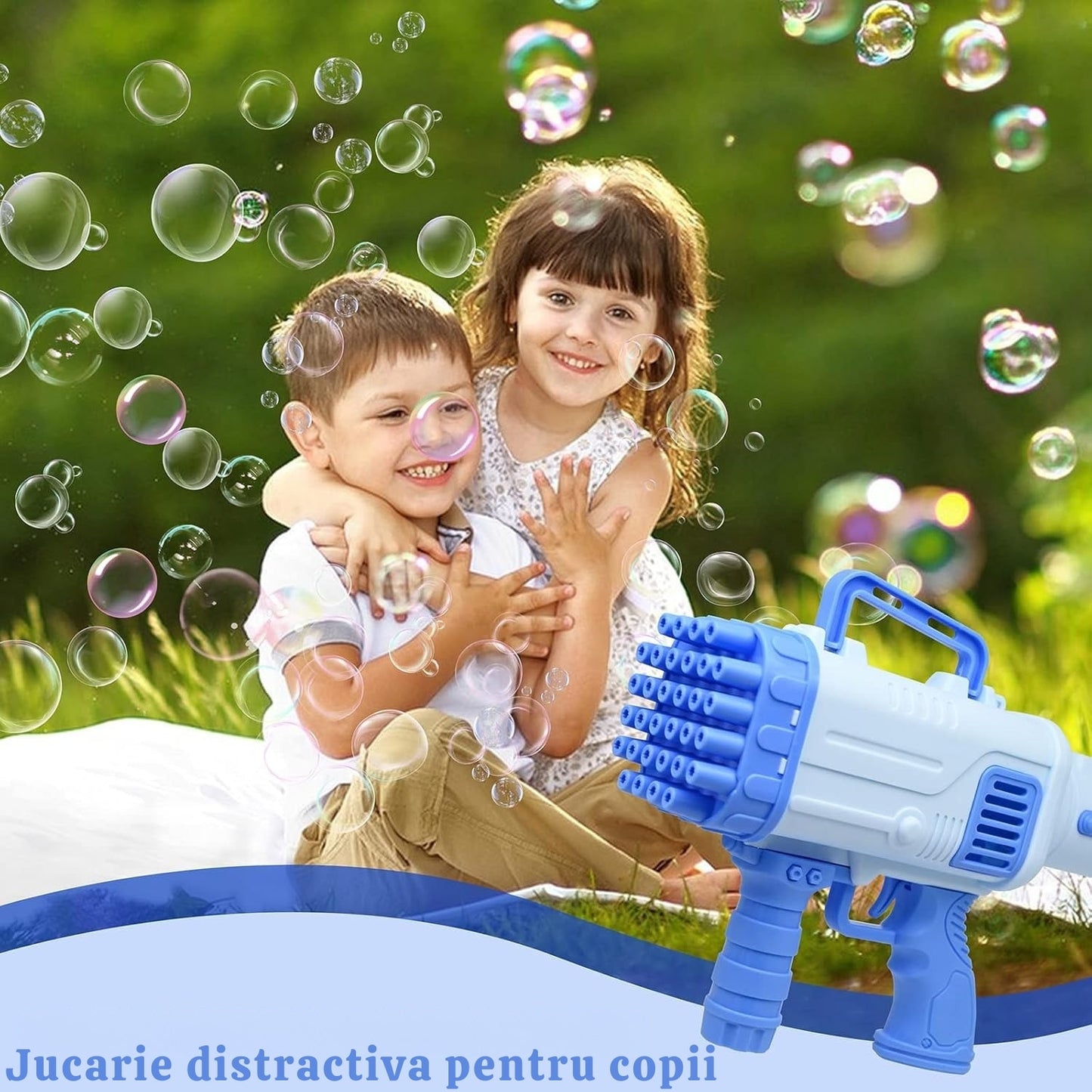 Pistol Baloane de Sapun Macvi® cu Lumini LED si Ventilator 32 Gauri Albastru
