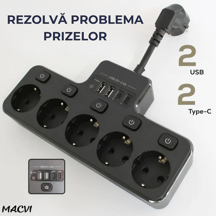 Multipriza Macvi cu 4 prize Schuko, 4 porturi USB, control individual, 4000W, extensie electrica pentru birou si acasa