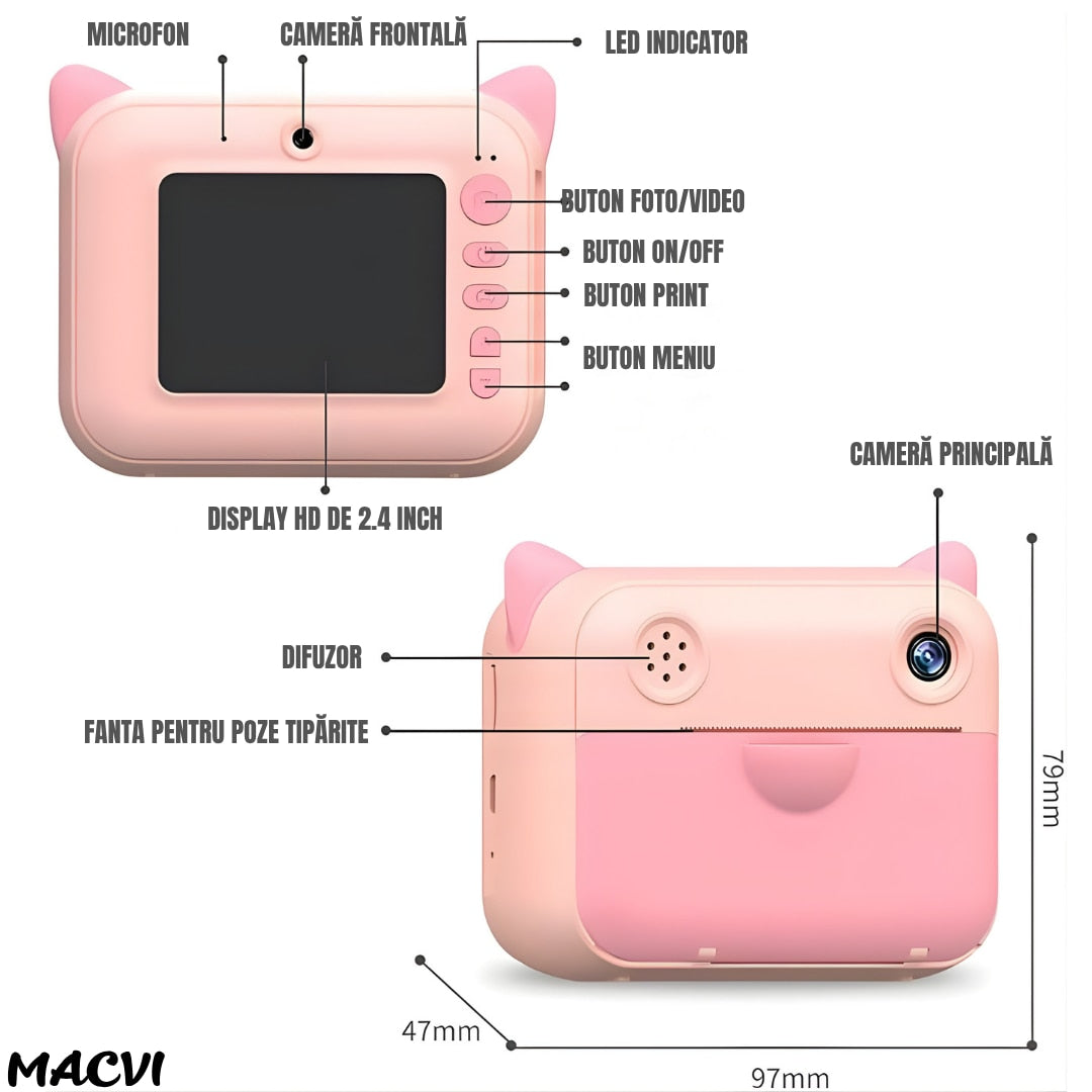 Aparat Foto pentru Copii Macvi® cu Imprimare Instant, Ecran 2.4 inch, 20 Mpx, Full HD 1080P, Selfie, Jocuri, Reincarcabil, 1 rola hartie inclusa, Roz
