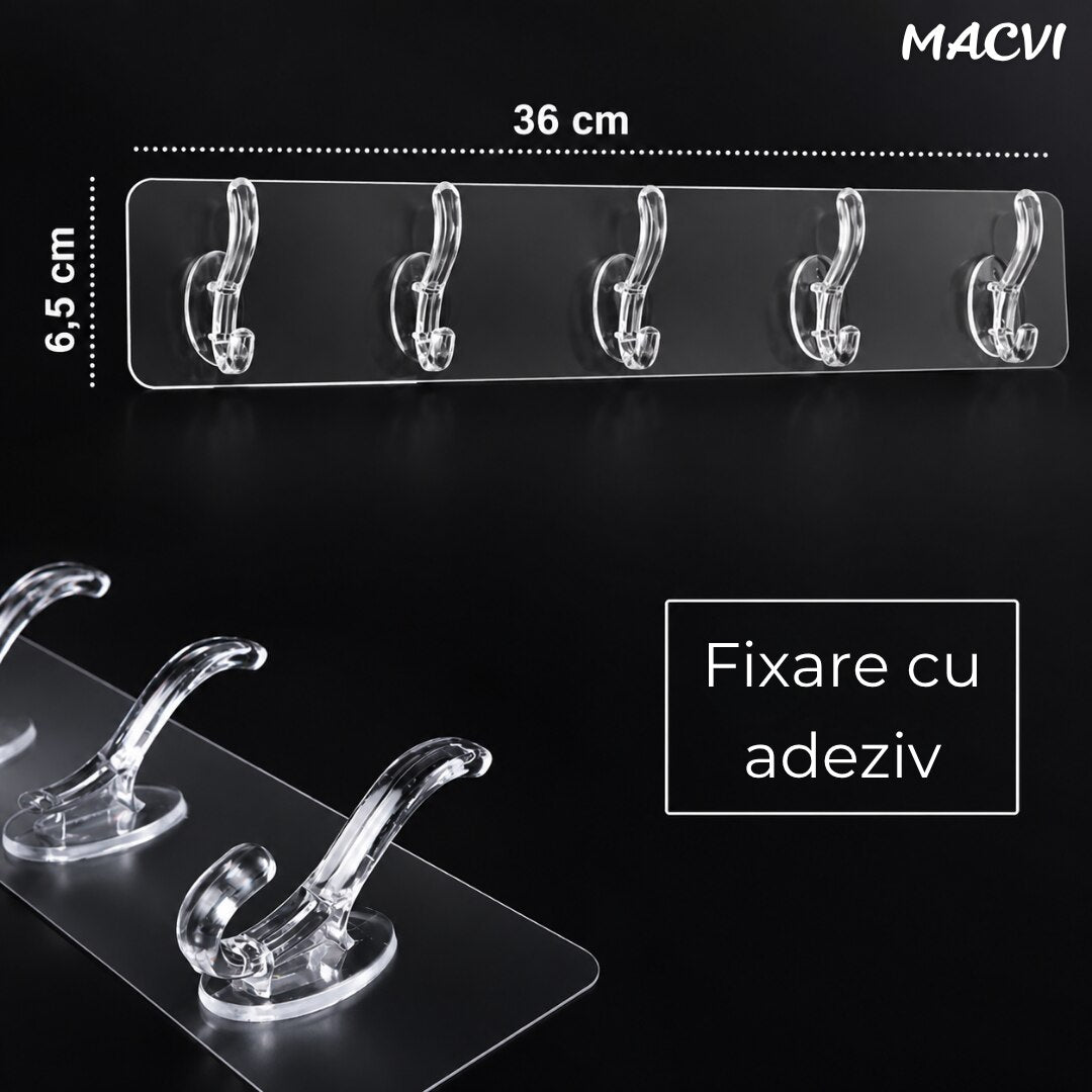 Suport autoadeziv baie sau bucatarie Macvi®, transparent, plastic rezistent, 5 carlige multifunctionale, 35 x 7 cm
