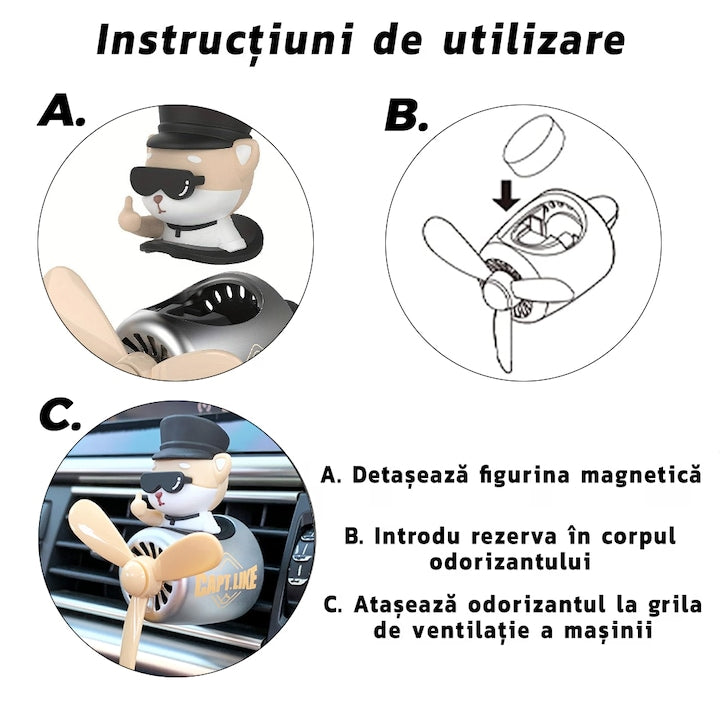 Difuzor Auto Aromaterapie Teno® car pilot bear cu palariuta, kit odorizant, 2 arome cu extracte naturale incluse