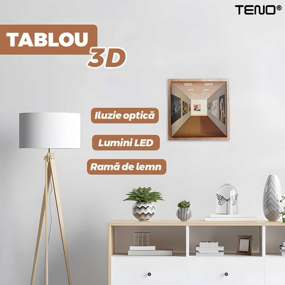 Tablou Iluzie Teno®, picturi celebre, design 3D, diverse perspective, rama din lemn, lumini LED, naked eye, 19 x 19 x 15 cm, maro