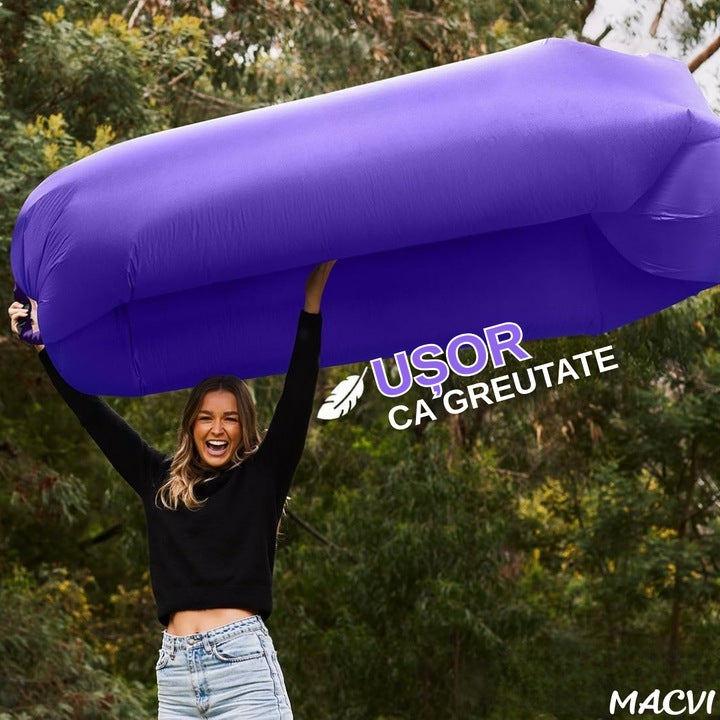 Saltea gonflabila tip sezlong Lazybag Macvi®, material rezistent, umflare fara pompa, pentru plaja/picnic/camping, rucsac de depozitare, 190 x 70 cm,,Mov