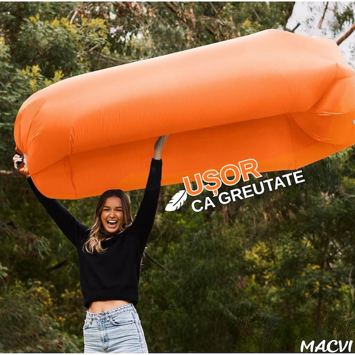 Saltea gonflabila tip sezlong Lazybag Macvi®, material rezistent, umflare fara pompa, pentru plaja/picnic/camping, rucsac de depozitare, 190 x 70 cm,Portocaliu