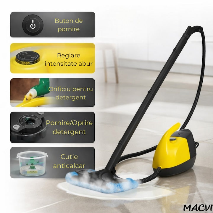 Aparat curatare Macvi® cu abur profesional pentru pardoseli si suprafete multiple, rezervor capacitate mare, incalzire rapida, reglare intensitate abur, accesorii complete, curatare eficienta
