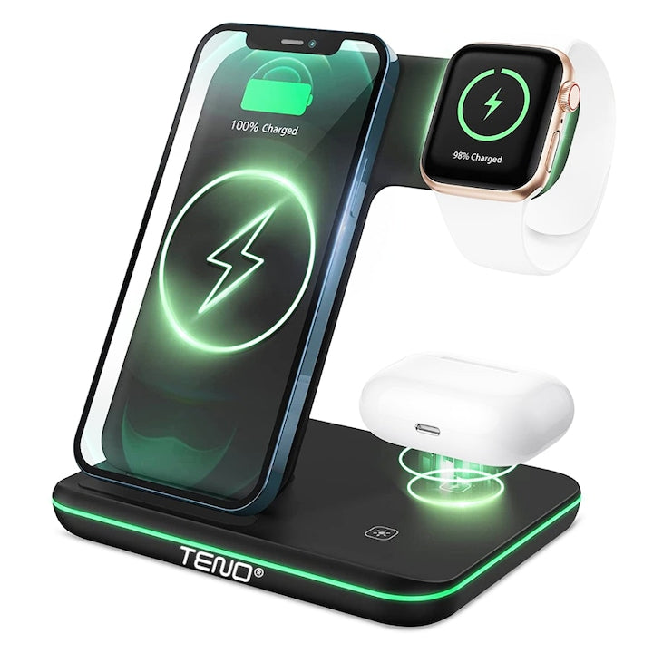 Incarcator Wireless Teno®, Statie de Incarcare 3in1, LED indicator inteligent, Fast Charge, incarcare rapida, compatibilitate universala, negru