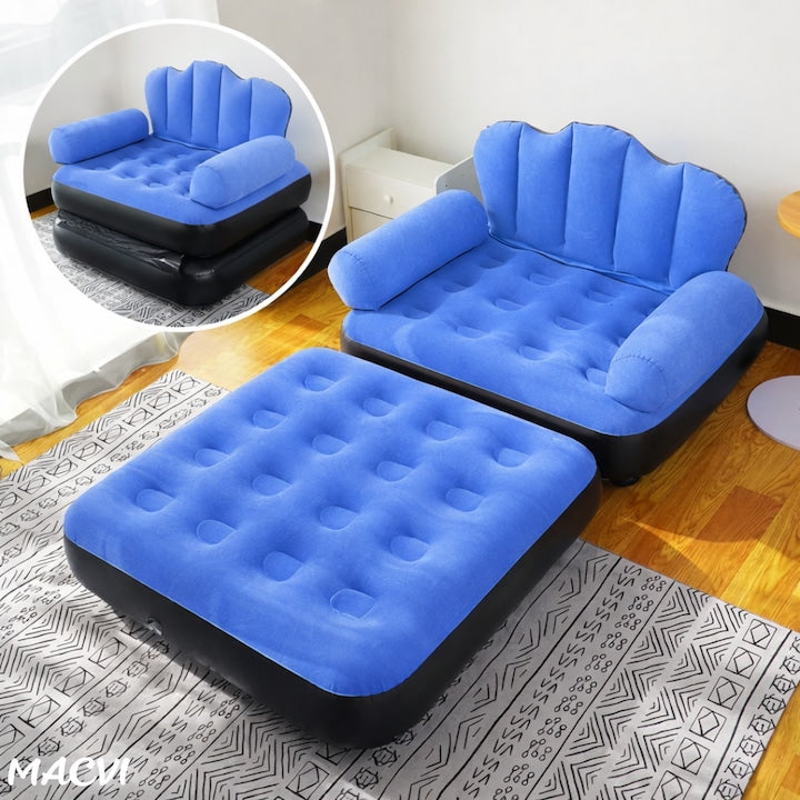 Fotoliu Gonflabil Macvi® XL 2 in 1 Portabil Pentru Interior, Exterior, Camping sau Plaja, Design Ergonomic, 100x88x90 cm, Albastru