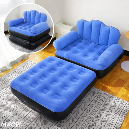Fotoliu Gonflabil Macvi® XL 2 in 1 Portabil Pentru Interior, Exterior, Camping sau Plaja, Design Ergonomic, 100x88x90 cm, Albastru