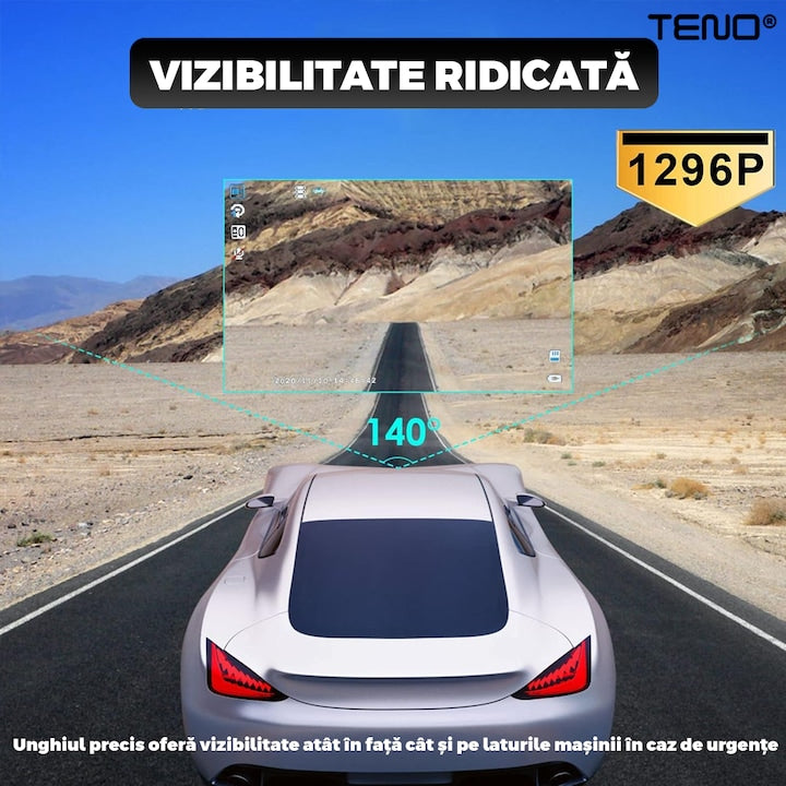 Camera Auto Tripla Teno®, fata, spate, interior, laterale, vizualizare unghi de 140°, camera marsarier, ecran de 4”, LED, full HD 1080p, loop recording, negru