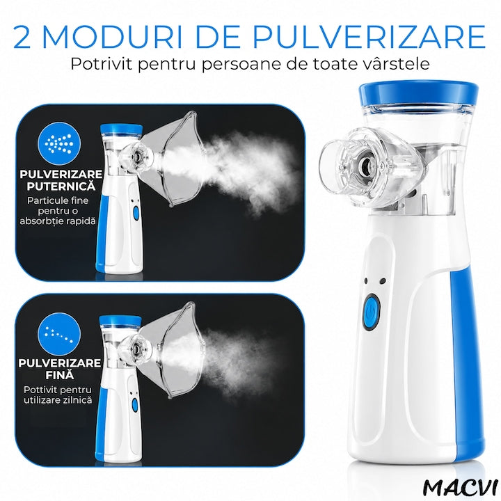 Aparat aerosoli, nebulizator Macvi® cu Tehnologie Mesh Ultrasonic, 3 Trepte, Debit 0, 15-0, 35 ml/min, Capacitate 8 ml, USB + Baterii AA, Zgomot ≤20dB, Masti Copii si Adulti, Alb/Albastru