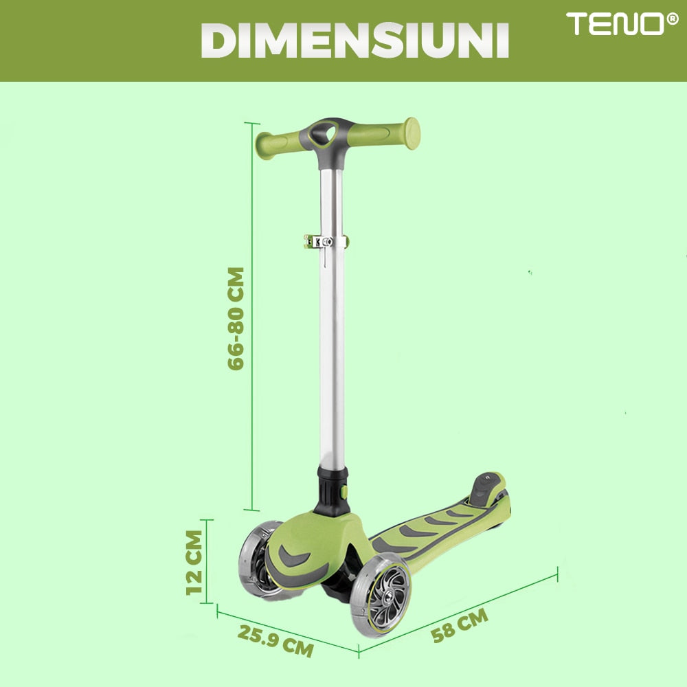 Trotineta pentru Copii cu Lumini Teno®, 3 roti, pliabila, anti-aluncare, inaltime ajustabila, stabila, frana, incorporata, 3-11 ani, verde