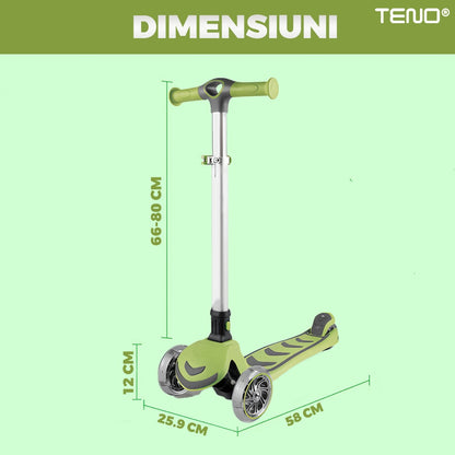 Trotineta pentru Copii cu Lumini Teno®, 3 roti, pliabila, anti-aluncare, inaltime ajustabila, stabila, frana, incorporata, 3-11 ani, verde