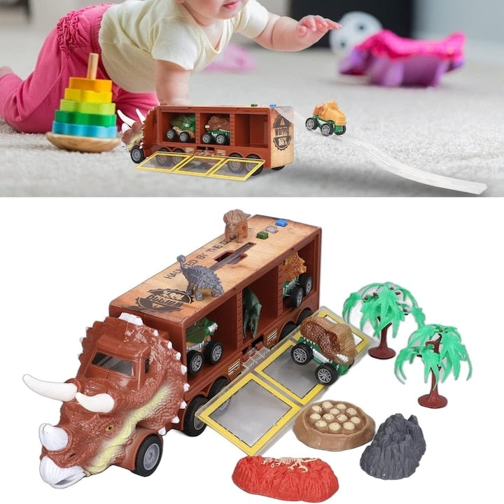 Camion Dinozaur Interactiv Macvi® cu Lumini si Sunete, 3 Vehicule Detasabile, Rampa de Lansare si Accesorii Preistorice, Jucarie Educativa pentru Copii 3+