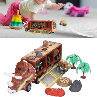Camion Dinozaur Interactiv Macvi® cu Lumini si Sunete, 3 Vehicule Detasabile, Rampa de Lansare si Accesorii Preistorice, Jucarie Educativa pentru Copii 3+