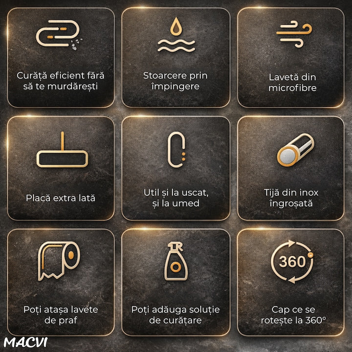 Mop Macvi® dreptunghiular cu stoarcere incorporata, telescopic, usor de curatat, 127 cm, albastru si galben