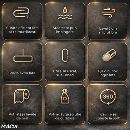 Mop Macvi® dreptunghiular cu stoarcere incorporata, telescopic, usor de curatat, 127 cm, albastru si galben