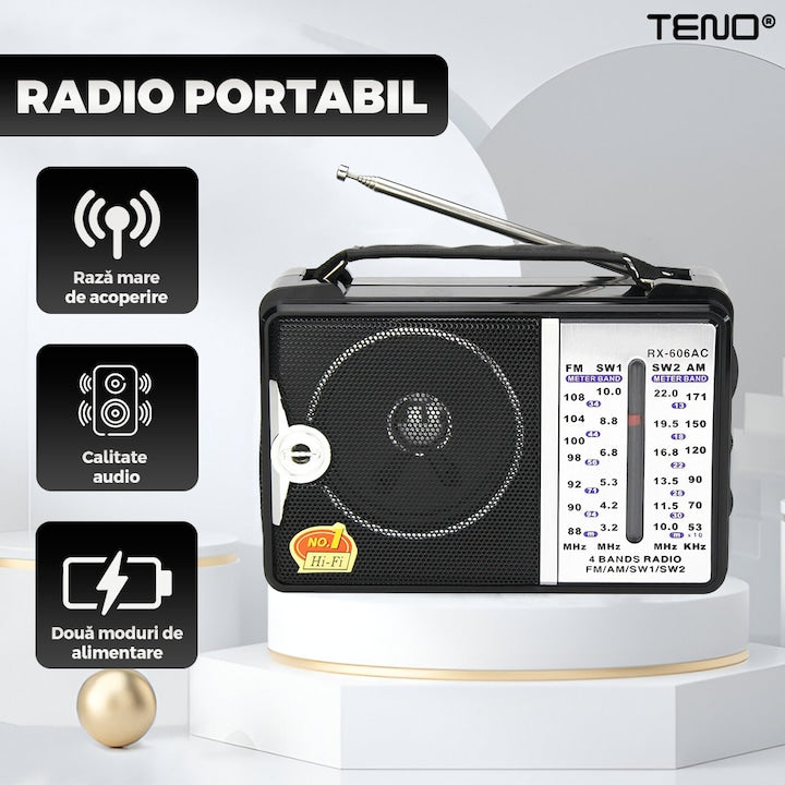 Radio Portabil Teno®, FM/AM/SW1/SW2, mod dual de alimentare, baterii/la priza, receptie ridicata ce prinde posturi regionale/la sate, negru