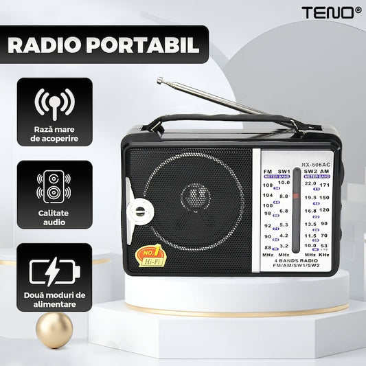 Radio Portabil Teno®, FM/AM/SW1/SW2, mod dual de alimentare, baterii/la priza, receptie ridicata ce prinde posturi regionale/la sate, negru