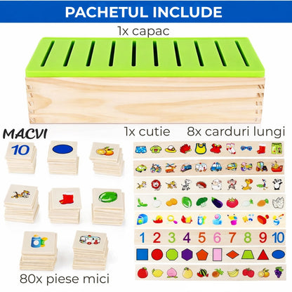 Jucarie educativa din lemn Macvi®, set cu cutie si cartonase, pentru dezvoltarea coordonarii mana-ochi si logicii matematice, 3+, 29, 5×11×8 cm