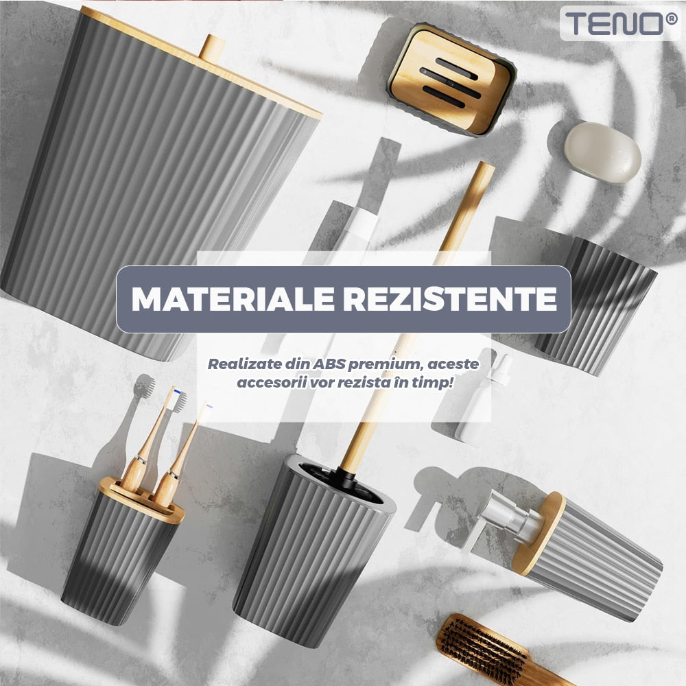 Set 6 Accesorii de Baie Teno, minimalist, detalii din bambus, gri