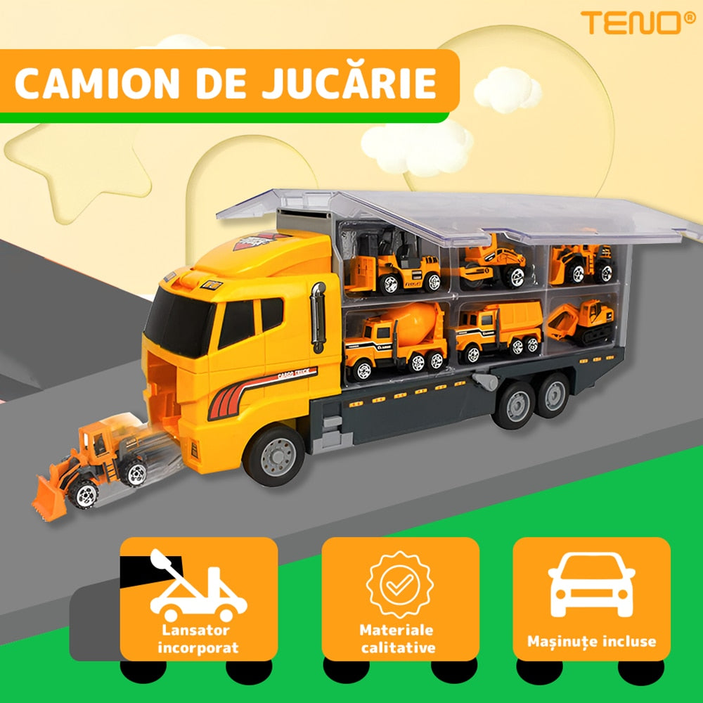 Set Camion Trailer de Jucarie pentru Transport Teno®, seria utilaje de constructie, 6 masinute incluse, bulldozer, utilaje, tir, accesorii mobile, lansator si rampa frontala, platforma tractare, galben