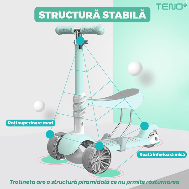 Trotineta pentru Copii 2 in 1 Teno®, scaunel incorporat, lumini,3 roti, cosulet frontal, anti-aluncare, inaltime ajustabila, stabila, frana, incorporata, 3-11 ani, turcoaz