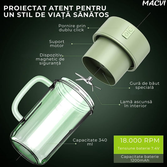 Storcator De Citrice Macvi® Portabil din Plastic cu Acumulator, Blender Reincarcabil USB, 6 Lame din Otel Inoxidabil, BPA Free, Anti-scurgere, Capac cu Pai, Capacitate 420 ml, Smoothie-uri si Sucuri