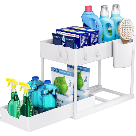Organizator Extensibil Sub Chiuveta Macvi® cu Sertar Glisant si 4 Carlige Alb Descriere produs: