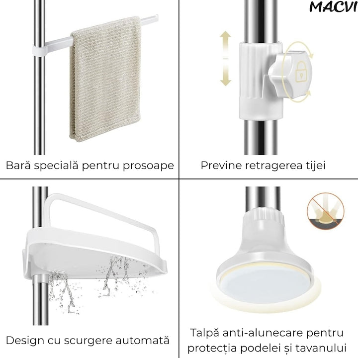 Etajera Extensibila Macvi® pentru Baie, 4 Polite si Umeras, Tip Coltar, 3 Carlige, 100-260 cm, Alb