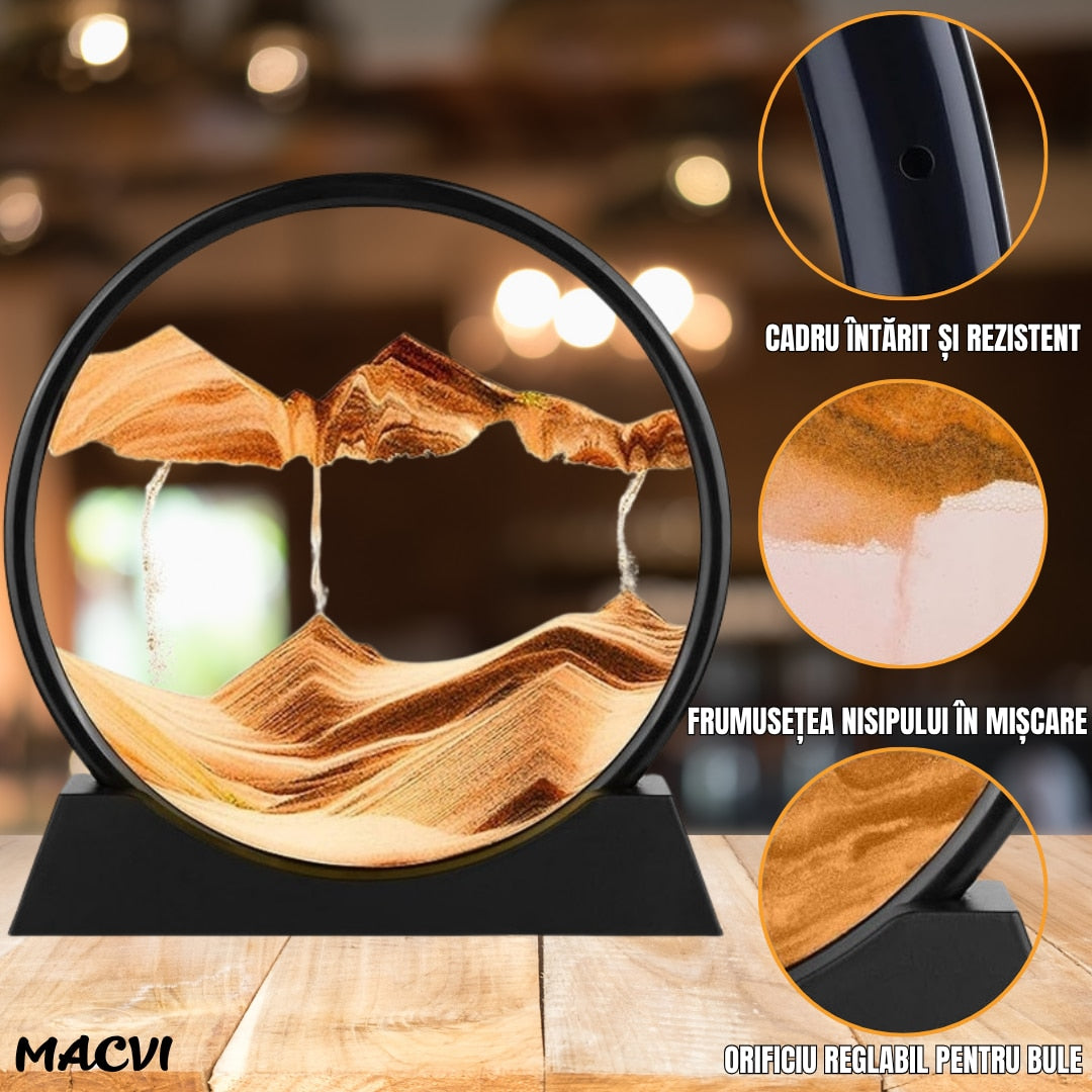Obiect decorativ Macvi® cu efect 3D din nisip, masa rotativa 360°, baza din plastic, sticla si nisip, 18x19 cm, Galben