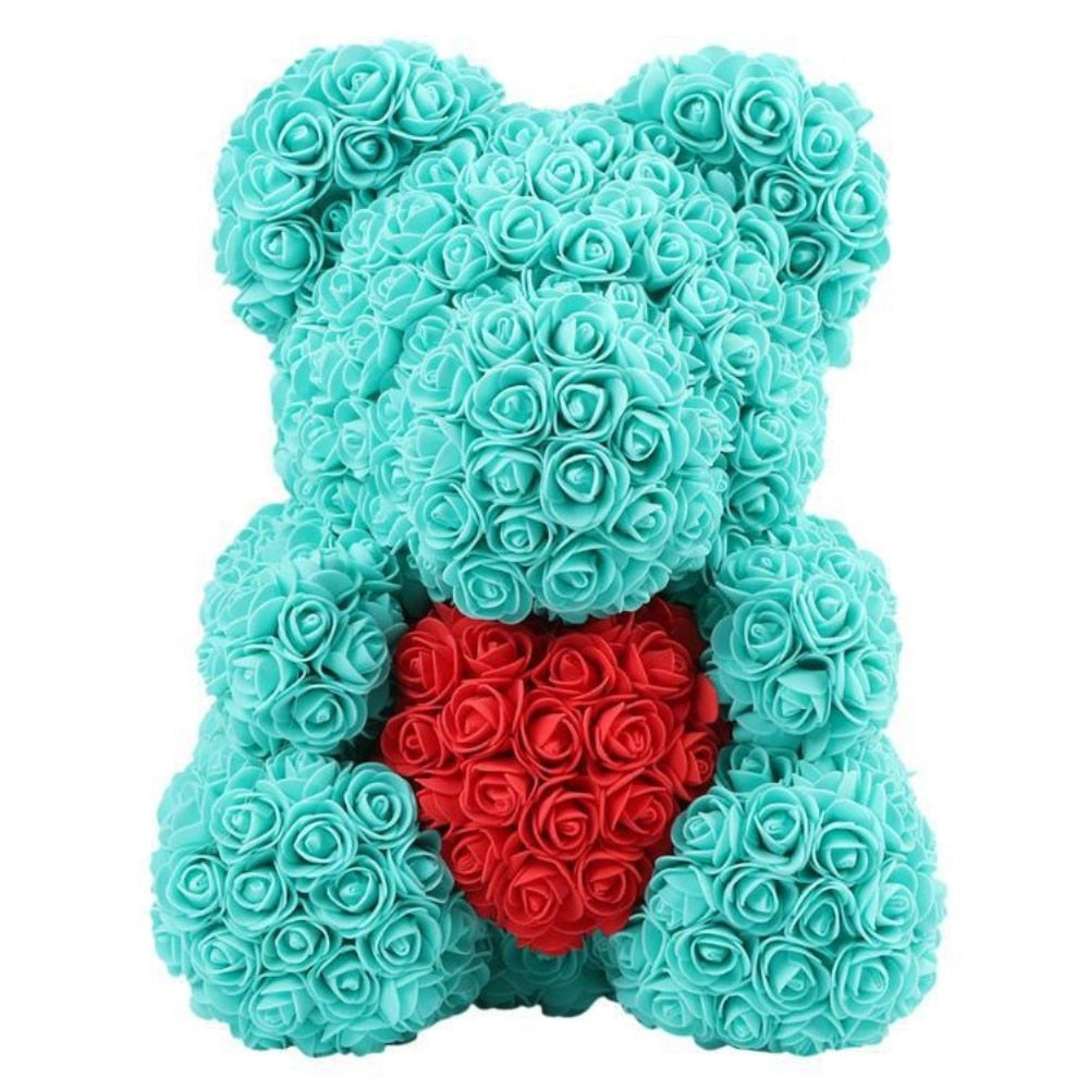 Ursulet din Trandafiri Macvi® Turcoaz 25 cm Cutie Decorativa Inclusa Cadou Romantic