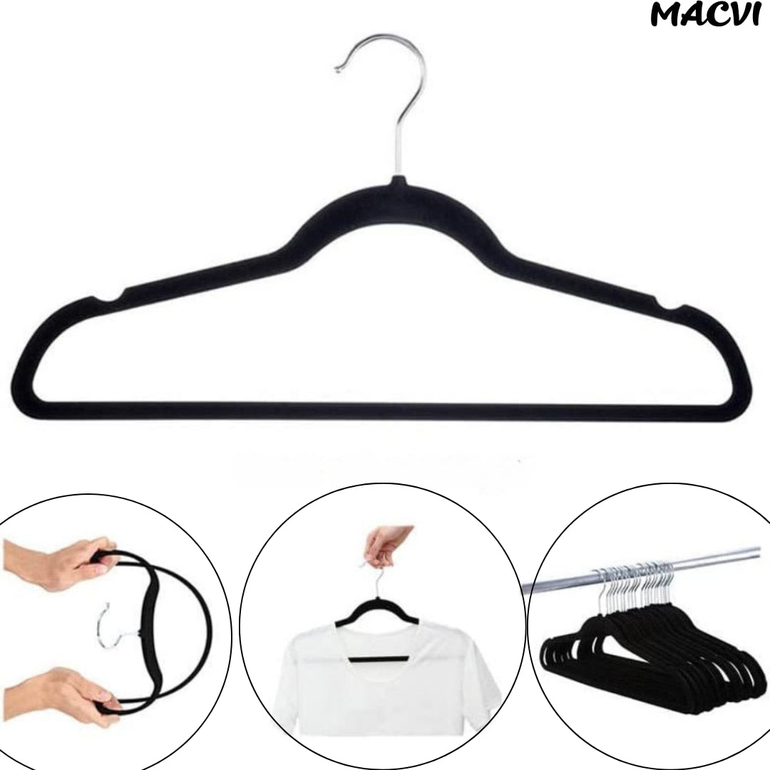 Set 16 Umerase Macvi® Catifea Antialunecare, Slim, cu Bara pentru Pantaloni si Scobituri, Carlig 360°, 44.5x23 cm, Gri/Negru