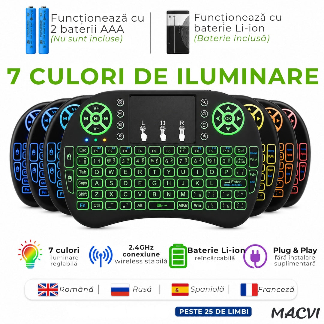 Tastatura Wireless Macvi® i8 RGB Air Mouse Touchpad Iluminata pentru Smart TV Android TV Box PC Laptop Reincarcabila