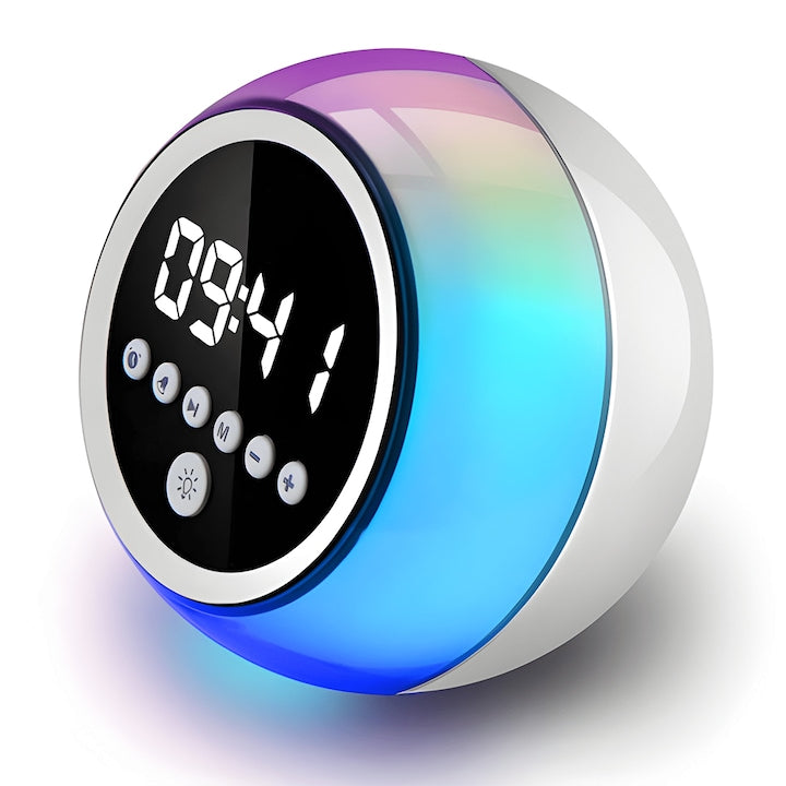 Ceas Desteptator Multifunctional Teno®, Bluetooth, functie de alarma, functie de radio, lumini RGB, autonomie ridicata, rotund