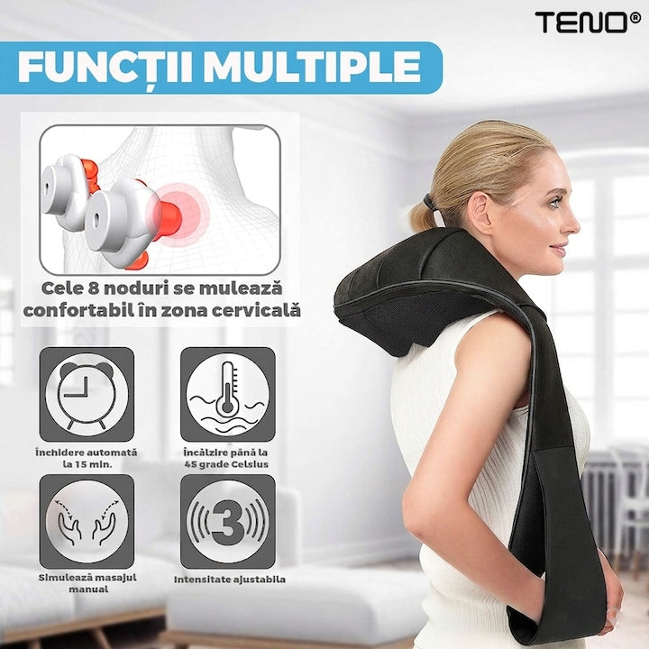 Aparat Profesional pentru Masaj Cervical Teno®, spate, lombara, abdomen si picioare, shiatsu, 4 puncte de masaj, negru
