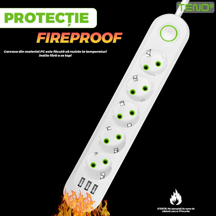 Prelungitor Teno®, 5 prize, 3 porturi USB, intrerupator, suport de agatare incorporat, rezistent la temperaturi inalte, universal, lungime 3 metri, alb