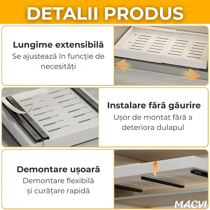 Organizator extensibil Macvi® pentru dulapuri, metal, sertar glisant, montare adeziva, capacitate mare, alb