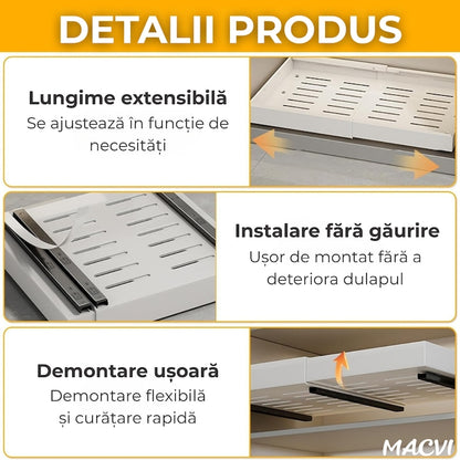 Organizator extensibil Macvi® pentru dulapuri, metal, sertar glisant, montare adeziva, capacitate mare, alb