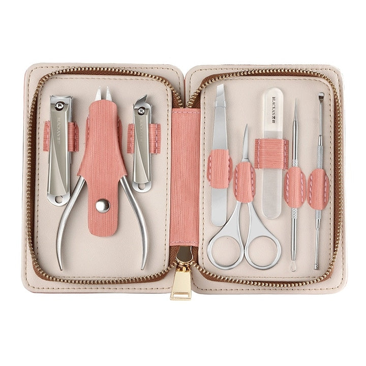 Trusa manichiura si pedichiura, MACVI, 8 piese, inox, etui roz