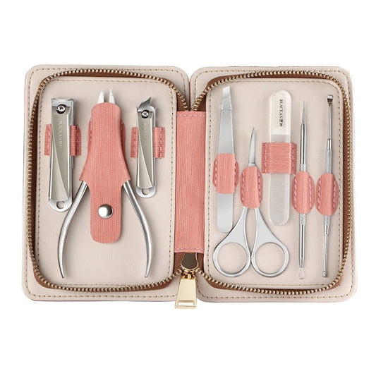 Trusa manichiura si pedichiura, MACVI, 8 piese, inox, etui roz